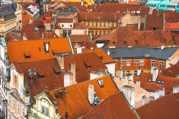 Prag şehir panoraması. Şehrin eski kısmı. Güzel çatı Zona. Eski binalar ve kiliseler.