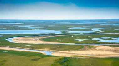 Kutup tundrasının yaz aylarındaki manzarası. Nehirler, göller, kuzey bitki örtüsü. Yukarıdan bak. İklim değişikliği kavramı, Kuzey Kutbu 'nda ısınma..