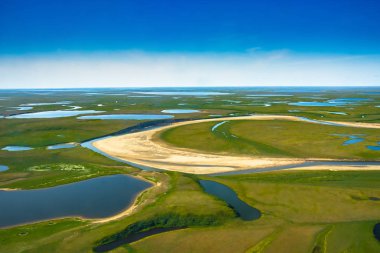 Kutup tundrasının yaz aylarındaki manzarası. Nehirler, göller, kuzey bitki örtüsü. Yukarıdan bak. İklim değişikliği kavramı, Kuzey Kutbu 'nda ısınma..