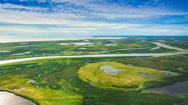 Landskap Arktiske Tundraer Sommeren Elver Innsjøer Nordlig Vegetasjon Ovenfra Konseptet – stockfoto