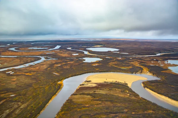 Photographing Helicopter Arctic Autumn Nature Landscape Northern Tundra Landscape Many Stock Image