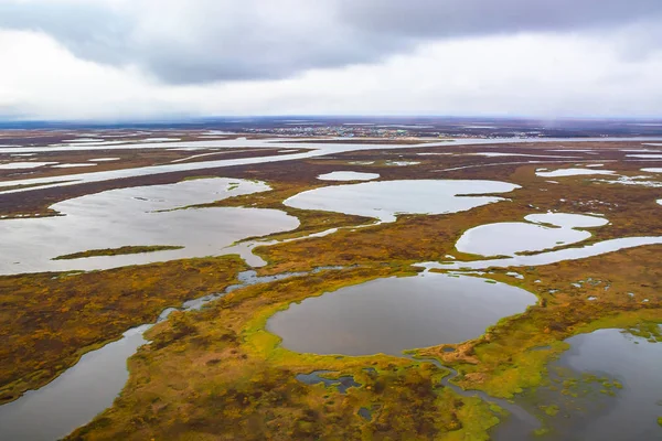 Photographing Helicopter Arctic Autumn Nature Landscape Northern Tundra Landscape Many Stock Image