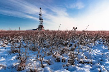 The sparse vegetation of the northern tundra at the beginning of winter in the Arctic. In the background is a drilling rig for oil and gas drilling. clipart