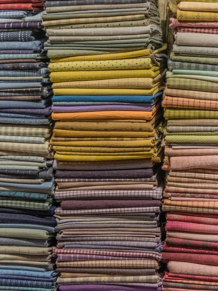 Fabric Scarves Shawls Different Colors Textures Patterns Stacked Vertical Stacks — Stock Photo, Image