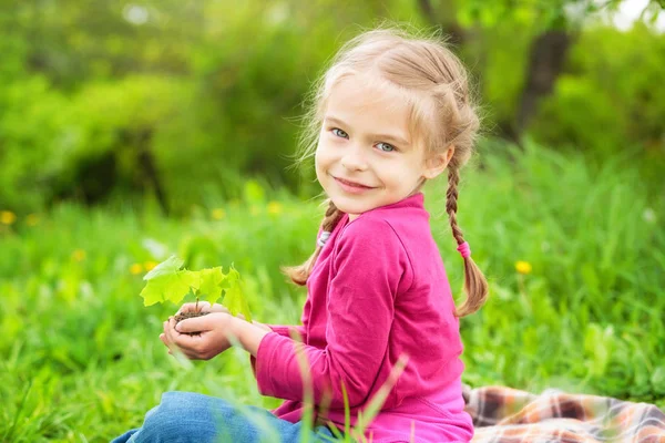 Küçük kız küçük yeşil bitki onun elinde tutan — Stok fotoğraf
