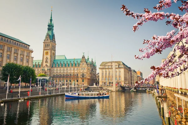 Vista sobre el ayuntamiento de Hamburgo en primavera — Foto de Stock