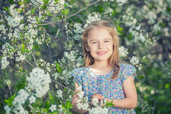 Lycklig liten flicka i körsbärsblom trädgård — Stockfoto