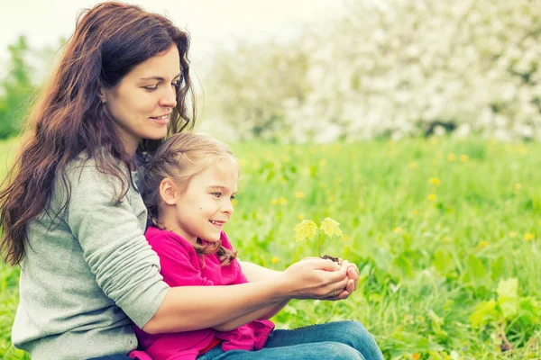 Madre e hija sosteniendo una pequeña planta verde en las manos —  Fotos de Stock