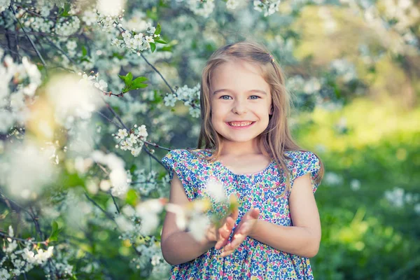 Glückliches kleines Mädchen im Kirschblütengarten — Stockfoto