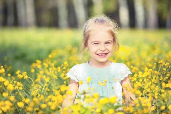 Щаслива маленька дівчинка на квітучому лузі — стокове фото