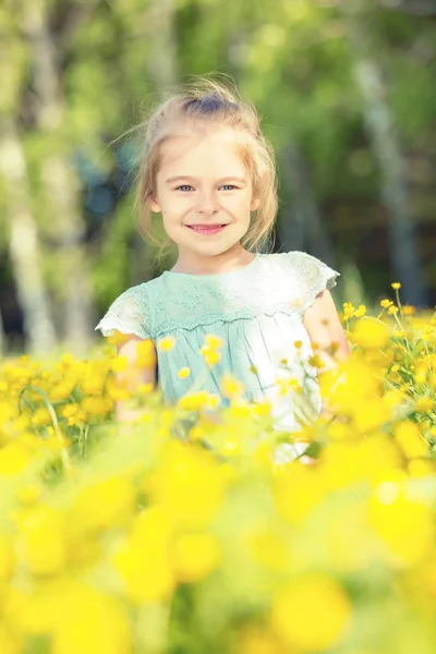 Glad lille pige på blomstrende eng - Stock-foto