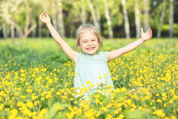 A virágzó rétre boldog kislány — Stock Fotó