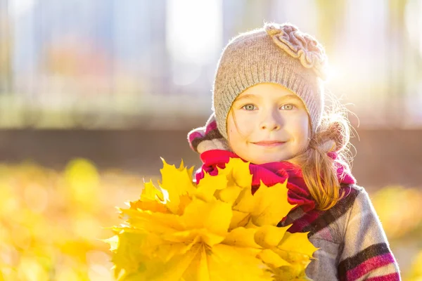 Happy little girl with autumn leaves — Stock Photo, Image