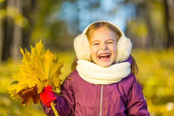 Happy little girl in earflaps with autumn leaves — Stock Photo, Image