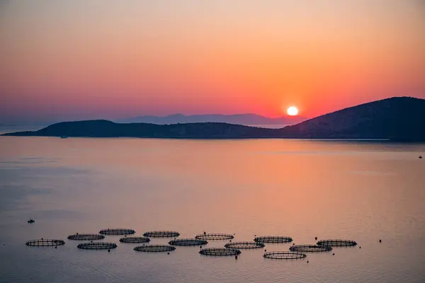 Ανατολή ηλίου πάνω από τη θάλασσα ιχθυοκαλλιεργειών στην Ελλάδα — Φωτογραφία Αρχείου