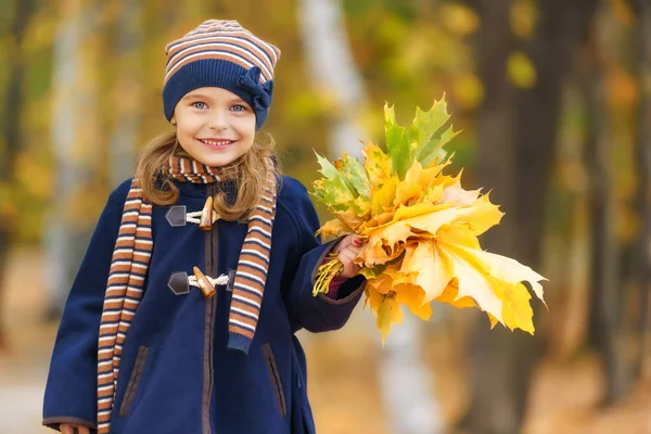Glückliches kleines Mädchen mit Herbstblättern — Stockfoto