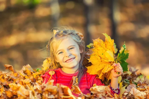 Menina feliz brinca com folhas de outono — Fotografia de Stock