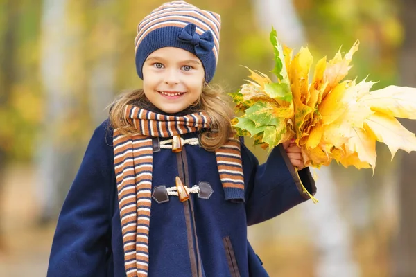 Bonne petite fille avec des feuilles d'automne — Photo