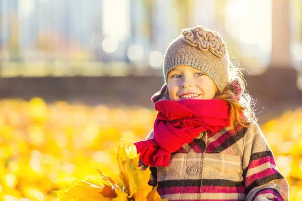 Glückliches kleines Mädchen mit Herbstblättern — Stockfoto