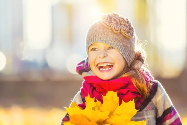 Happy little girl with autumn leaves — Stock Photo, Image