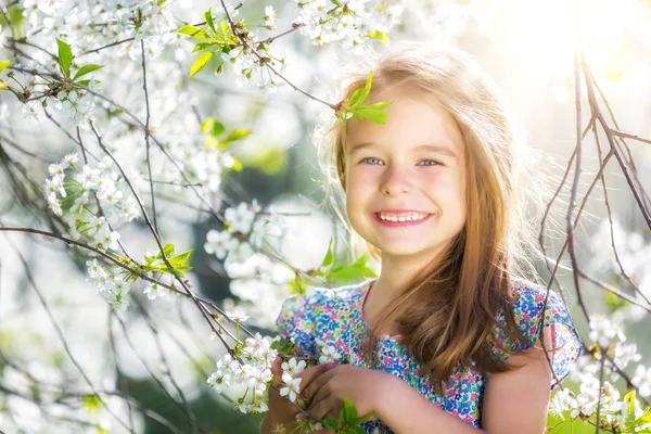 Glückliches kleines Mädchen im Kirschblütengarten — Stockfoto