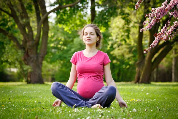 Zwangere vrouw ontspannen in het park voorjaarsbijeenkomst — Stockfoto