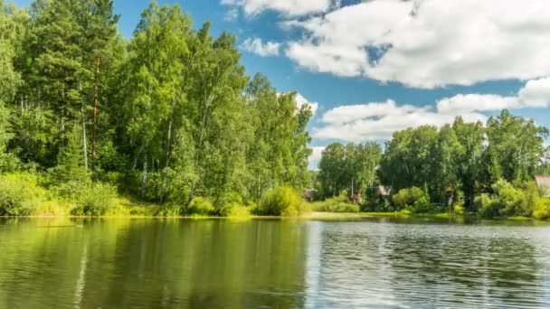 Vijver in bos onder wolken met hutten op achtergrond. — Stockvideo