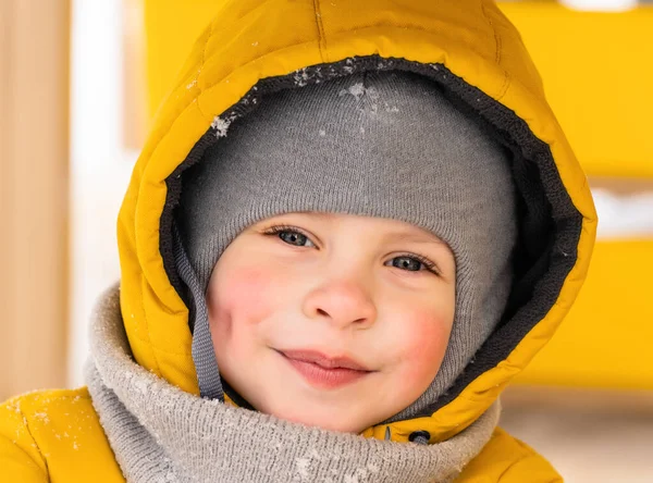 Mały Chłopiec Szaliku Kapturze Uśmiechnięty Patrzący Obiektyw Zimowym Śniegu — Zdjęcie stockowe