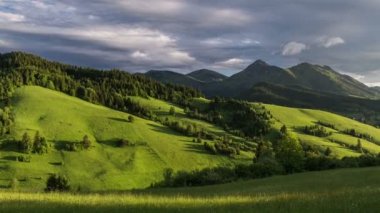 Renkli günbatımı manzara zaman atlamalı. Dolly yeşil çayır vurdu. Panoramik görünüm