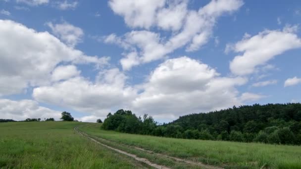 Σύννεφα κινείται πάνω από το πράσινο λιβάδι και χώρα δρόμο χρονική — Αρχείο Βίντεο