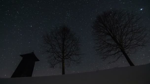 Звёзды, движущиеся в ночном небе над деревянной колокольней и силуэтом деревьев зимой, время астрономии, снимок куклы — стоковое видео
