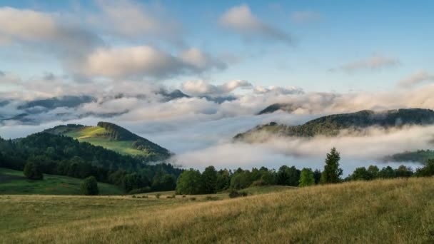 Мирное туманное утро с облаками, движущимися над прекрасным ландшафтом в горах. Временной промежуток — стоковое видео
