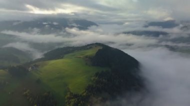 Hava sisli ülke manzara gündoğumu, güzel renkli bulutların üzerinde ışık sabah. Çayır üzerinde aşağı eğilme ve orman sis