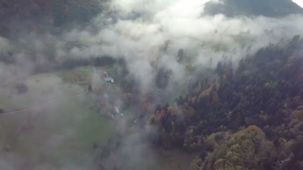 Aerial View Foggy Morning Autumn Rural Country Sunrise — Stock Video