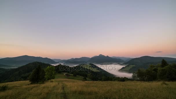 Sunrise Zomer Landelijke Mist Landschap Vallei Tijd Vervallen Dolly Schot — Stockvideo