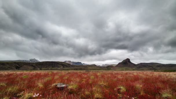 冰岛山上的戏剧性云彩和红色草甸时间失效 — 图库视频影像