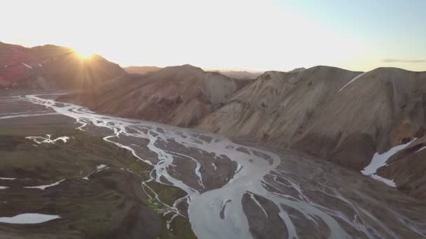 Aerial Solnedgång Över Floddelta Island Vulkanisk Natur — Stockvideo