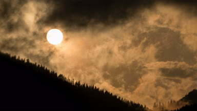 Mistik günbatımı üzerinde karanlık ormanın zaman atlamalı