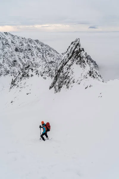 Karlı kışta yüksek dağlarda yürüyüş yapan dağcı.
