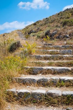 Santorini Island, Oia, Yunanistan yeşil çimenlerin üzerinde taş merdiven