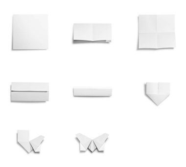 Transfer kavramı: işleminin kağıttan origami kelebek, beyaz arka plan üzerinde izole transfer