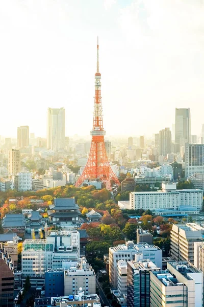 Concepto de negocio para bienes raíces y construcción corporativa - Torre de Tokio, hito de Japón, y vista panorámica de pájaro moderno de la ciudad con espectacular amanecer y cielo matutino — Foto de Stock