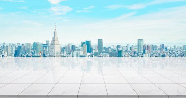 İş konsepti - Panoramik modern şehir manzaralı boş mermer zemin üstü gündoğumu ve sabah Tokyo, Japonya 'nın parlak mavi gökyüzü altında kuş bakışı görüntü veya montaj ürünü