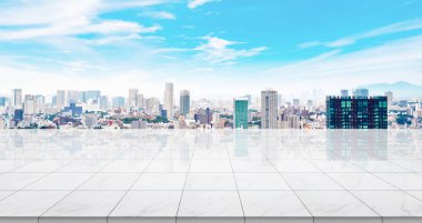 İş konsepti - Panoramik modern şehir manzaralı boş mermer zemin üstü gündoğumu ve sabah Tokyo, Japonya 'nın parlak mavi gökyüzü altında kuş bakışı görüntü veya montaj ürünü