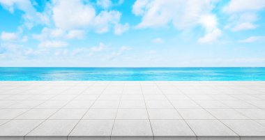 İş kavramı - gündoğumu ve sabah altında panoramik deniz manzaralı boş beton zemin üstü mavi parlak gökyüzü görüntü için ya da ürün montaj