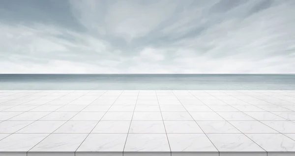 Business concept - Empty marble floor top with panoramic sky view under sunrise and morning grey bright sky for display or montage product