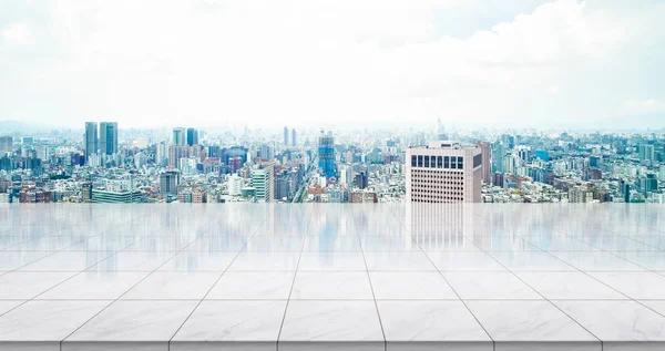 Concepto de negocio: piso de mármol vacío con vista aérea panorámica moderna del edificio del paisaje urbano bajo el amanecer y el cielo brillante azul matutino de Taipéi, Taiwán para mostrar o montar el producto —  Fotos de Stock