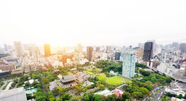 İş ve kültür kavramı - zojo-ji Tapınağı tapınak tokyo Tower dramatik gündoğumu ve Tokyo, Japonya'da sabah mavi gökyüzü altında ile panoramik modern şehir manzarası kuş gözü havadan görünümü