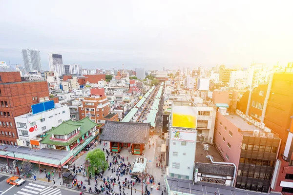 Business and culture concept - panoramic modern city skyline bird eye aerial view with Sensoji-ji Temple shrine - Asakusa district under dramatic sunrise and morning blue sky in Tokyo, Japan — Stock Photo, Image