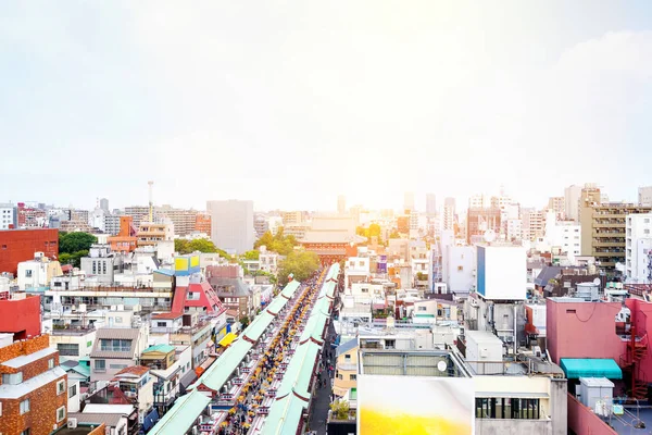 İş ve kültür kavramı - panoramik modern şehir manzarası kuş hava bakışı ile Sensoji-ji Tapınağı tapınak - Asakusa district dramatik gündoğumu ve Tokyo, Japonya'da sabah mavi gökyüzü altında